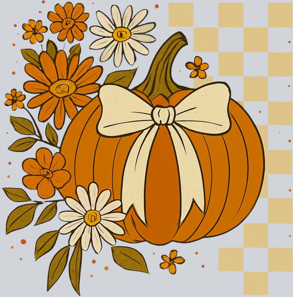 Autumn Pumpkin Flowers and Checkerboard 6 - STK07343 (DTF Transfers)