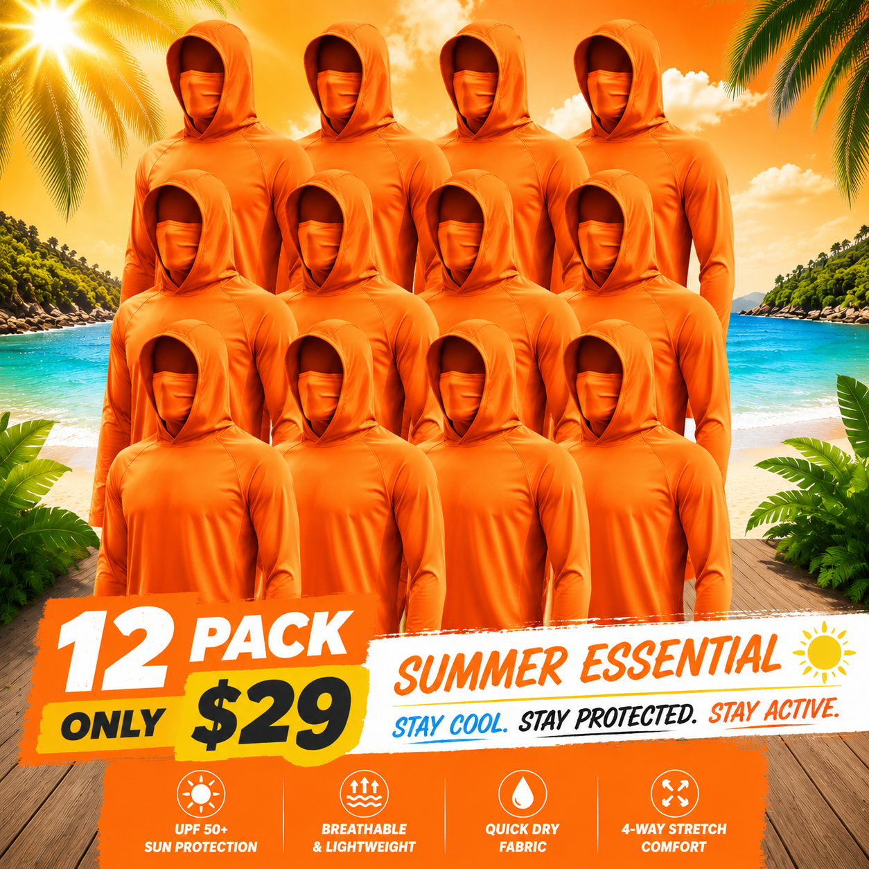 UPF 50+ Long-Sleeve Sun-Protection Hoodie (with Sleeve Pocket and Face Mask)