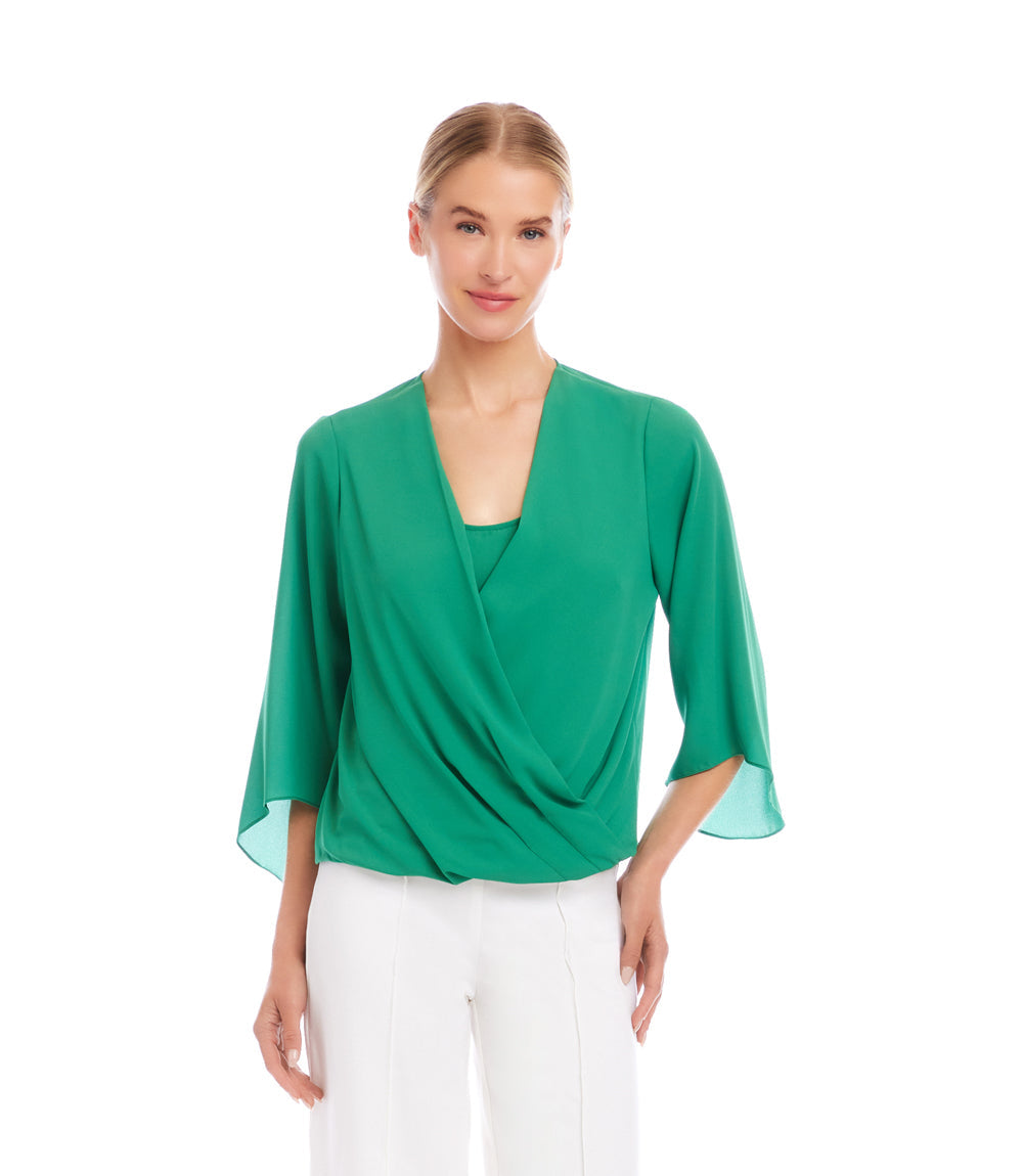Petite Size Bracelet Sleeve Drape Front Crossover Top