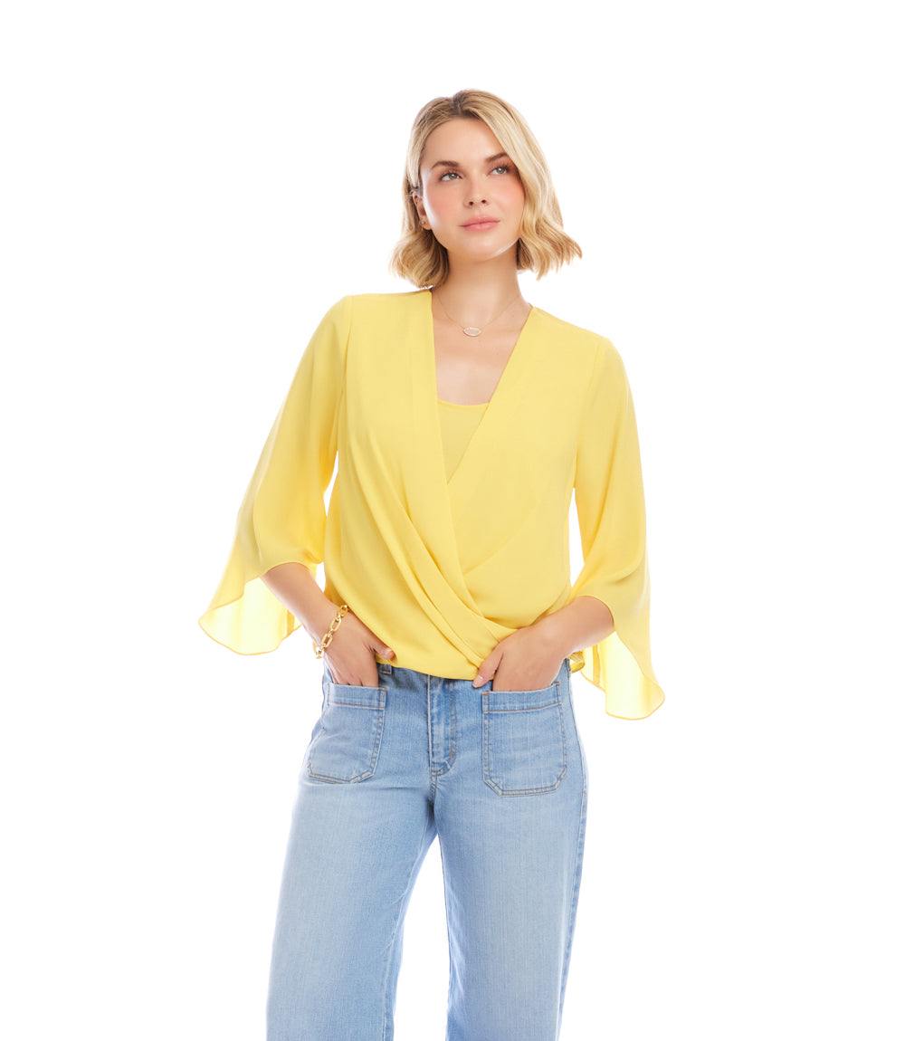 Petite Size Bracelet Sleeve Drape Front Crossover Top