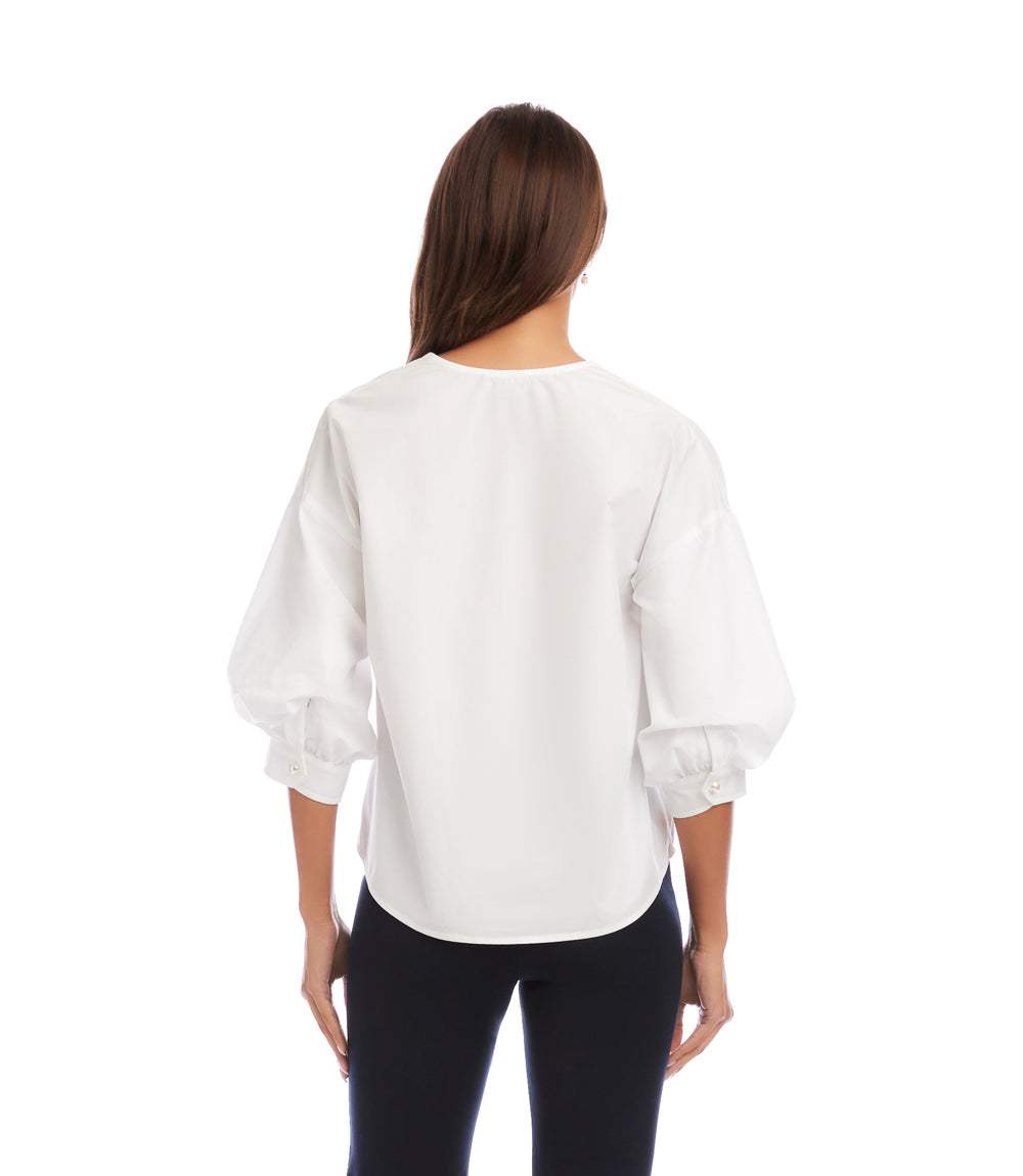 Petite Size Lantern Sleeve Pearl Button Top