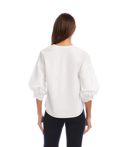 Petite Size Lantern Sleeve Pearl Button Top