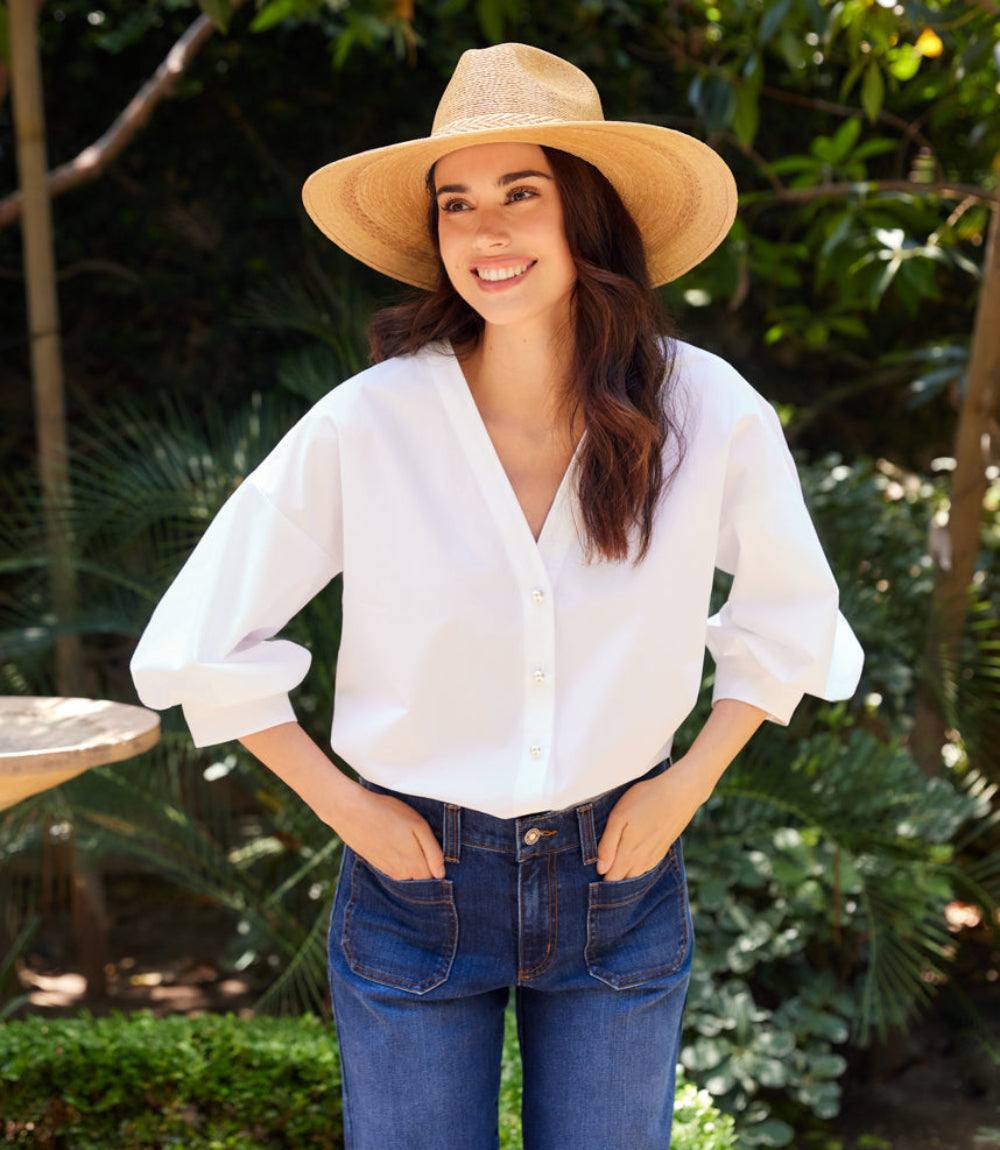 Lantern Sleeve Pearl Button Top