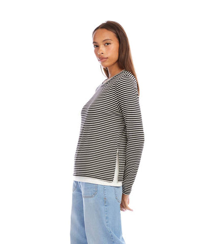Petite Size Long Sleeve Stripe Double Layer Side-Slit Top