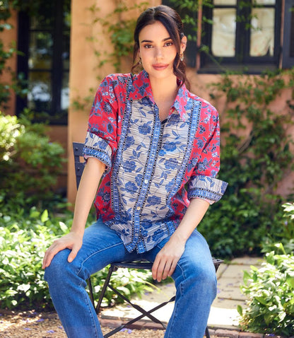 Petite Size Ruched Sleeve Border Print Shirt