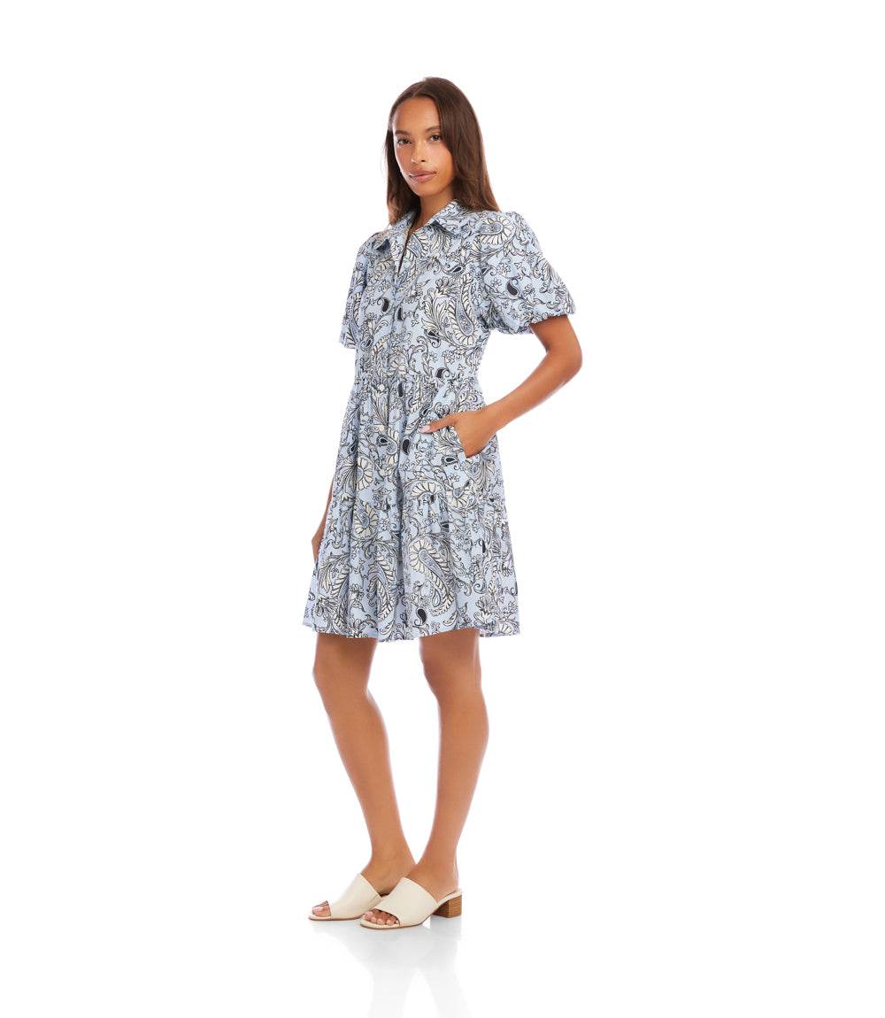 Petite Size Puff Sleeve Tiered Shirtdress