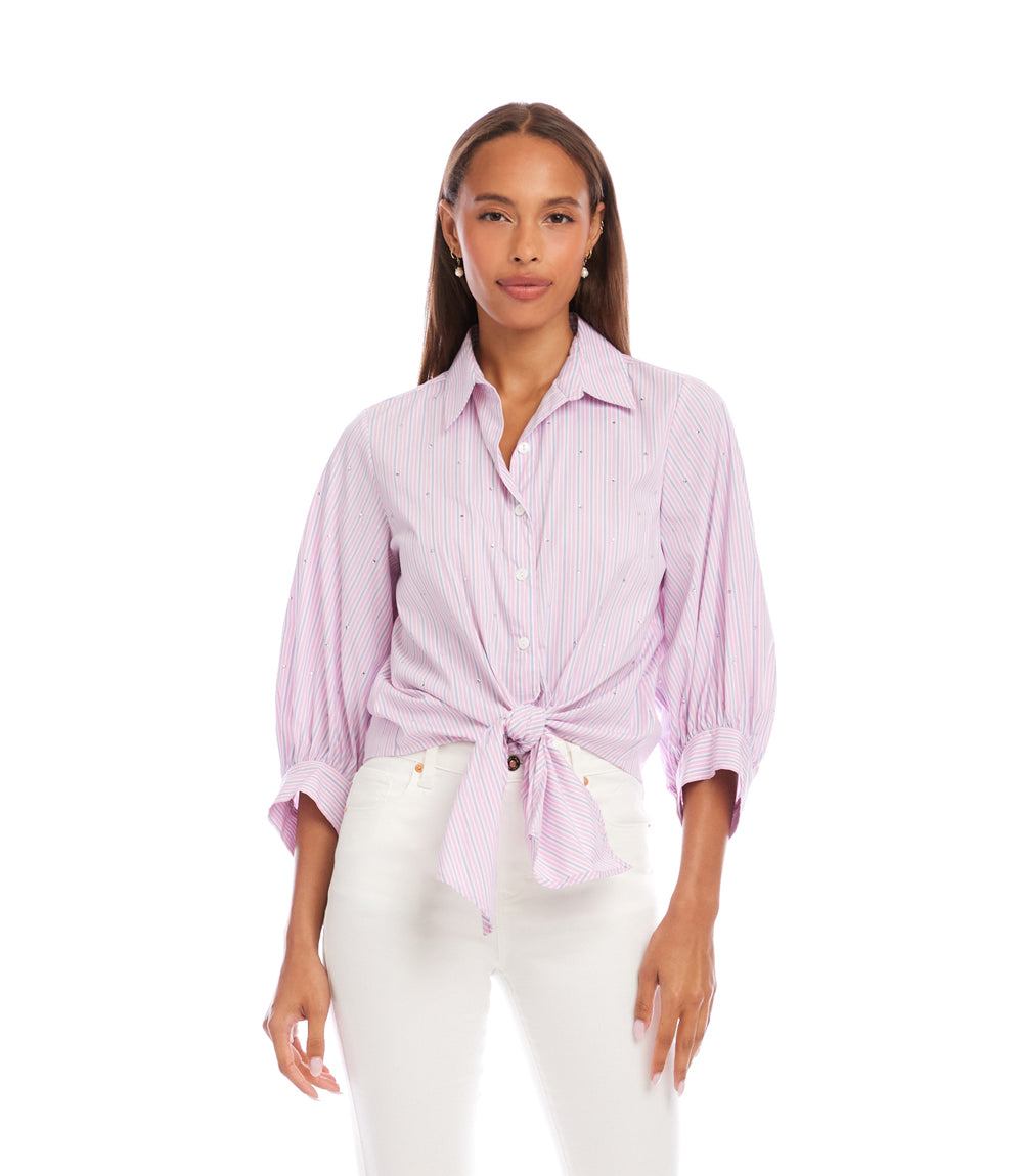 Stripe Blouson Sleeve Embellished Tie-Front Top