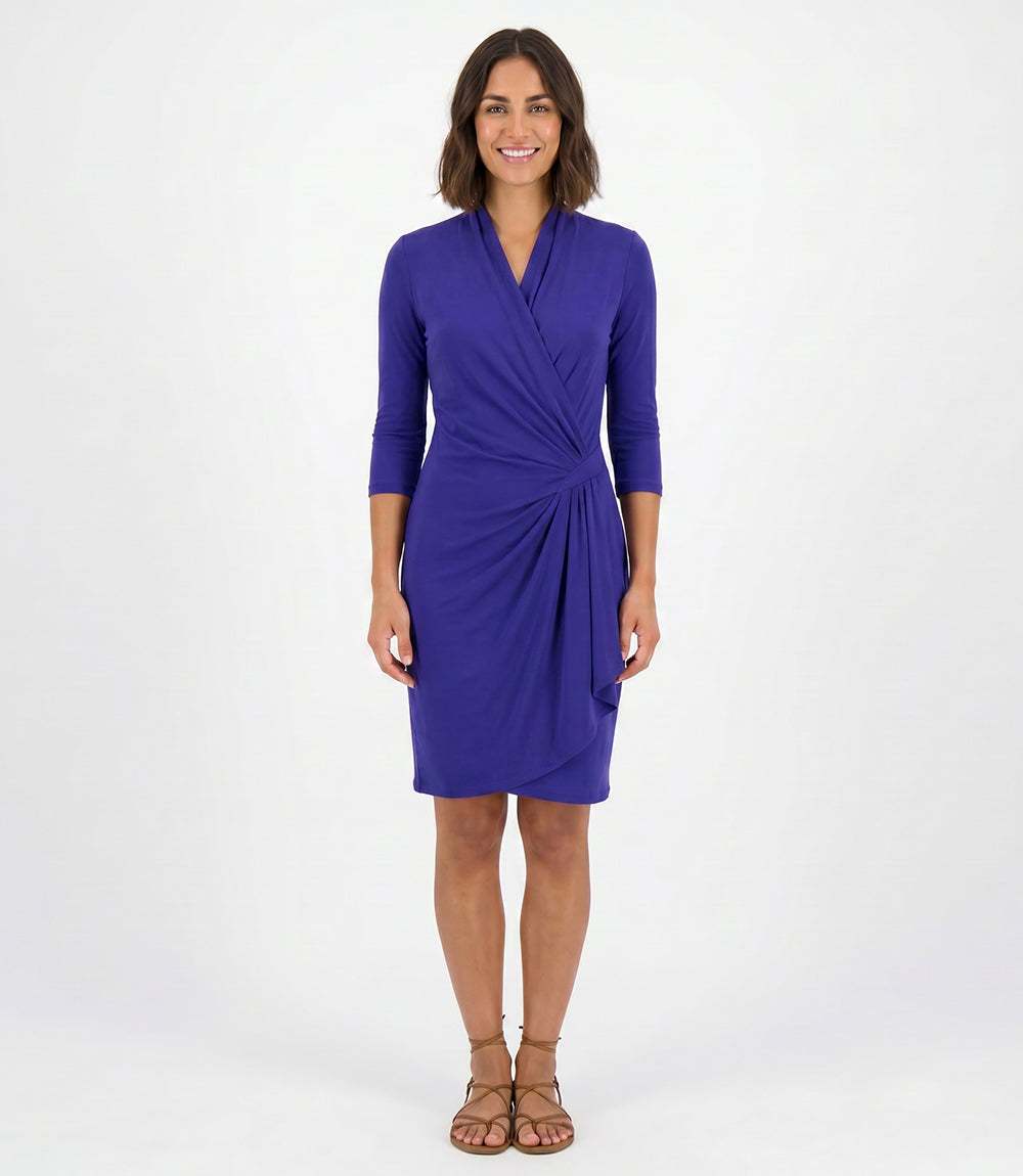 3/4 Sleeve Cascade Wrap Dress