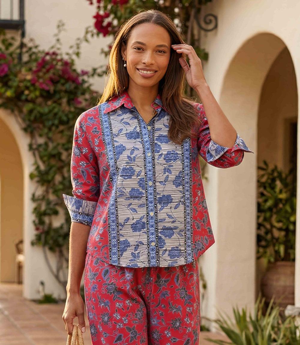 Ruched Sleeve Border Print Shirt
