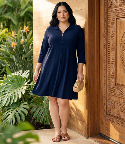 Plus Size 3/4 Sleeve Zip-Up Travel Jersey Dress