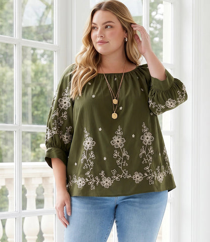 Plus Size Embroidered Blouson Sleeve Top