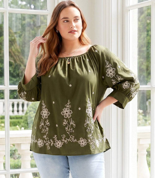 Plus Size Embroidered Blouson Sleeve Top