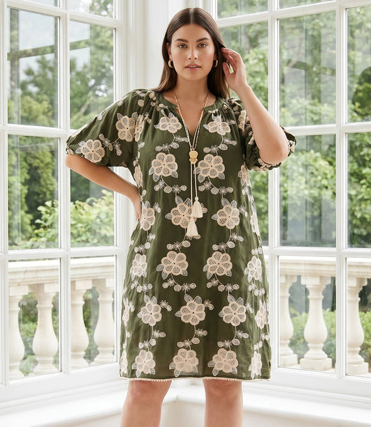 Plus Size Puff Sleeve Tassel Dress