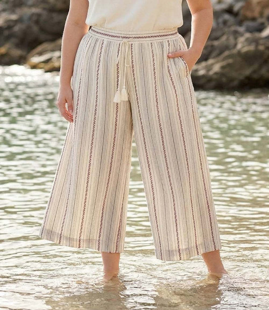 Plus Size Stripe Embroidered Cropped Drawstring Pants