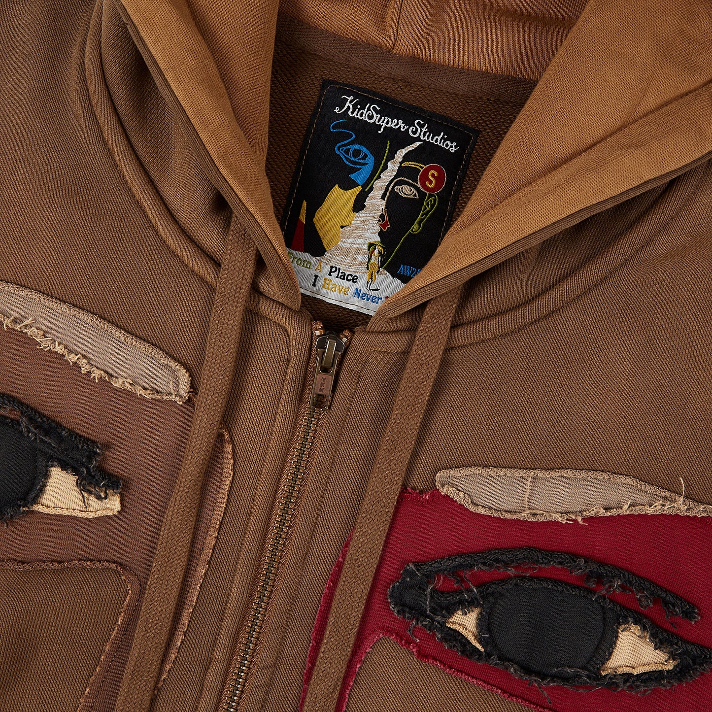 Patchwork Face Zip Up Hoodie | Dark Brown