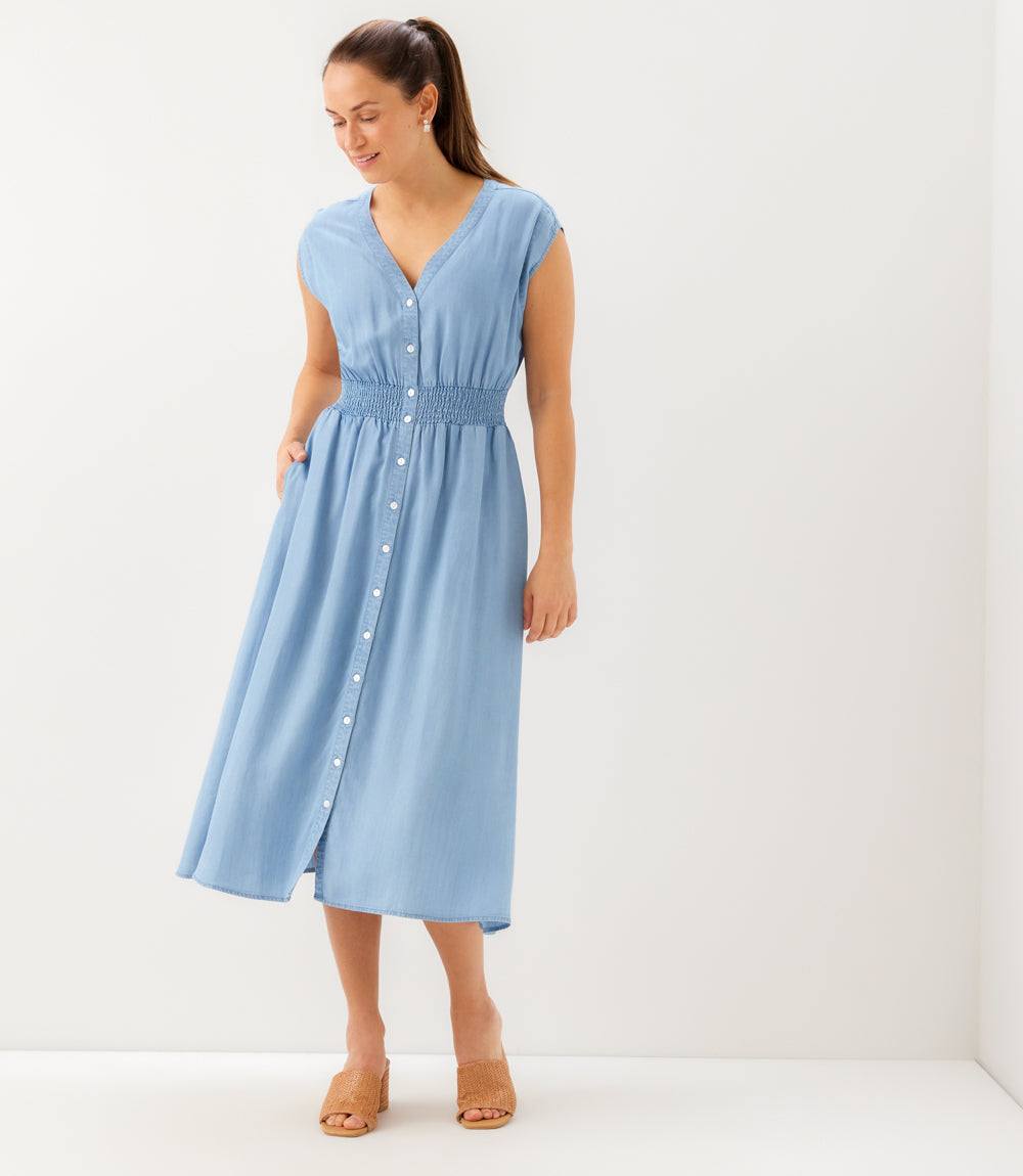 Petite Size Cap Sleeve Smocked Waist Button-Up Midi Dress
