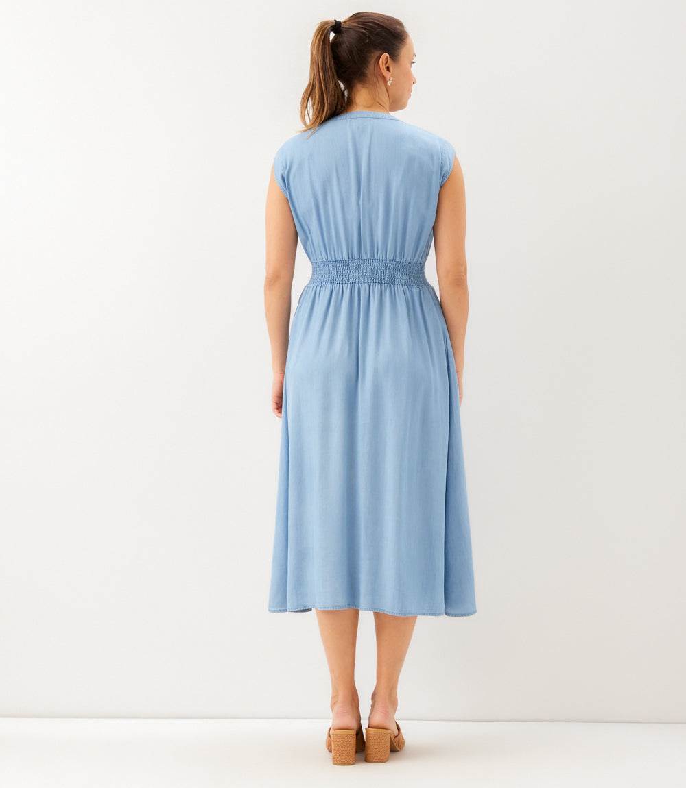 Petite Size Cap Sleeve Smocked Waist Button-Up Midi Dress