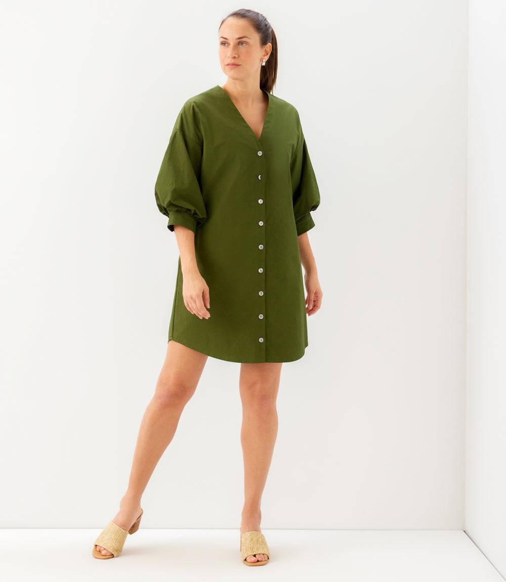 Lantern Sleeve Button-Front Dress