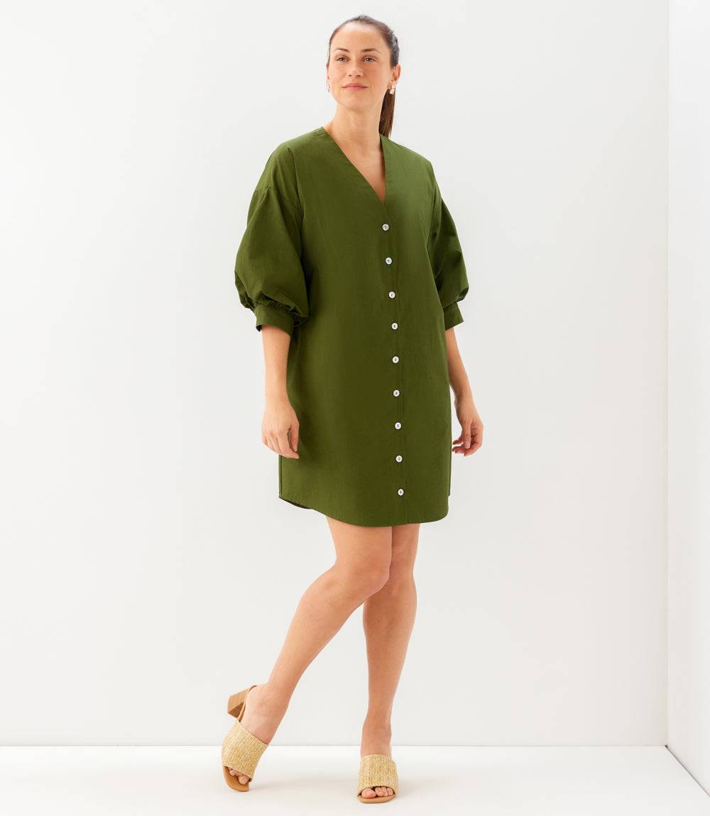 Lantern Sleeve Button-Front Dress