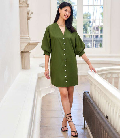 Lantern Sleeve Button-Front Dress