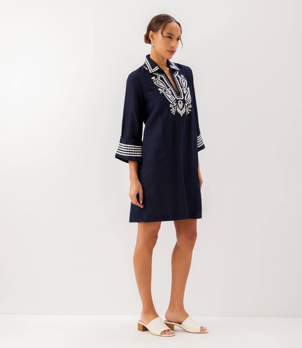 Cuffed Sleeve Embroidered Dress