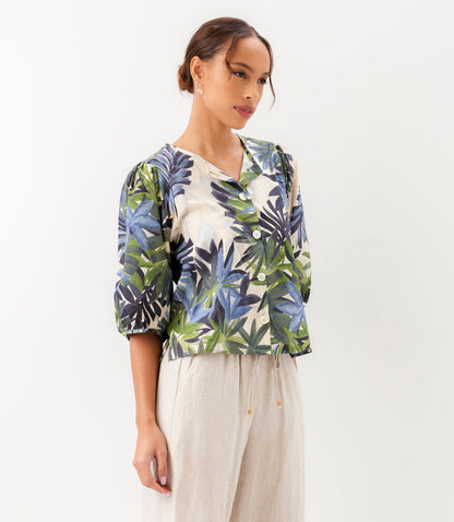 Petite Size Puff Sleeve Button Front Shirt