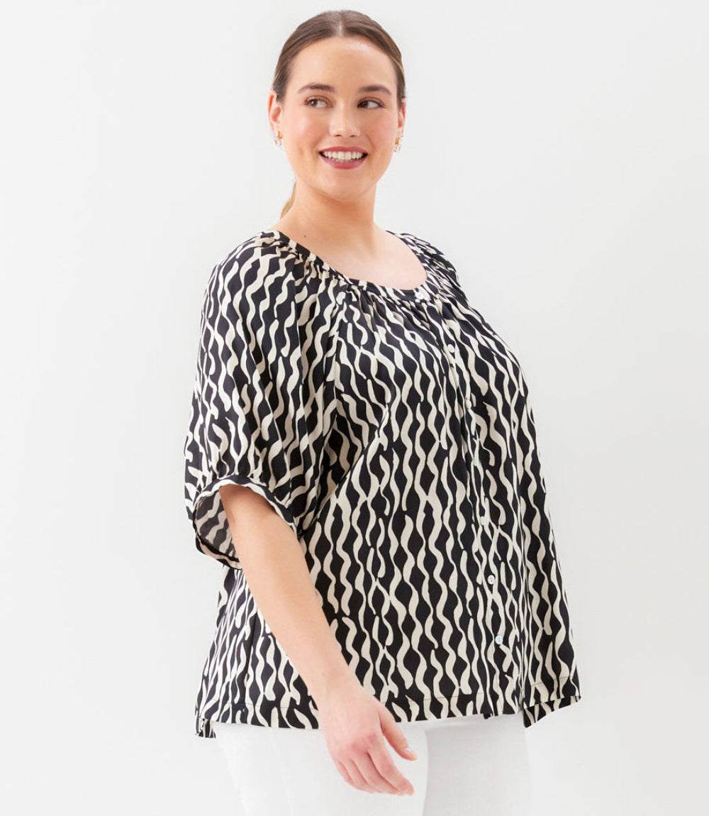 Plus Size Satin Short Sleeve Peasant Top