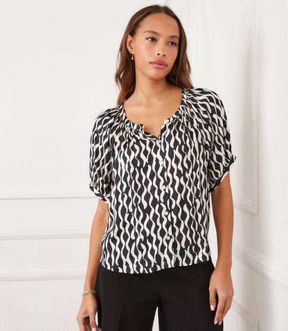 Petite Size Satin Short Sleeve Peasant Top