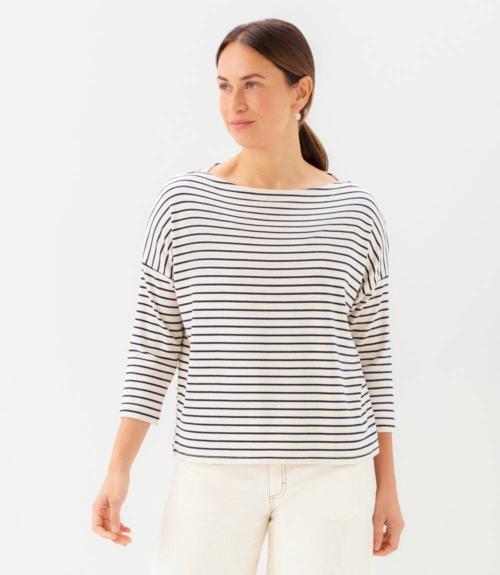 Petite Size Stripe 3/4 Sleeve Boatneck Top