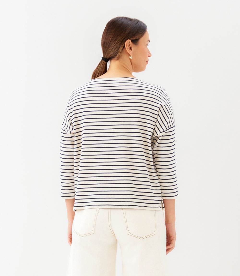 Petite Size Stripe 3/4 Sleeve Boatneck Top