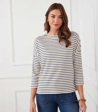 Petite Size Stripe 3/4 Sleeve Boatneck Top