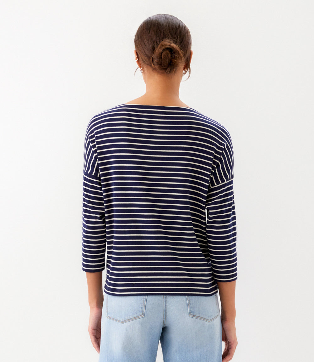 Petite Size Stripe 3/4 Sleeve Boatneck Top