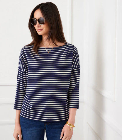 Petite Size Stripe 3/4 Sleeve Boatneck Top