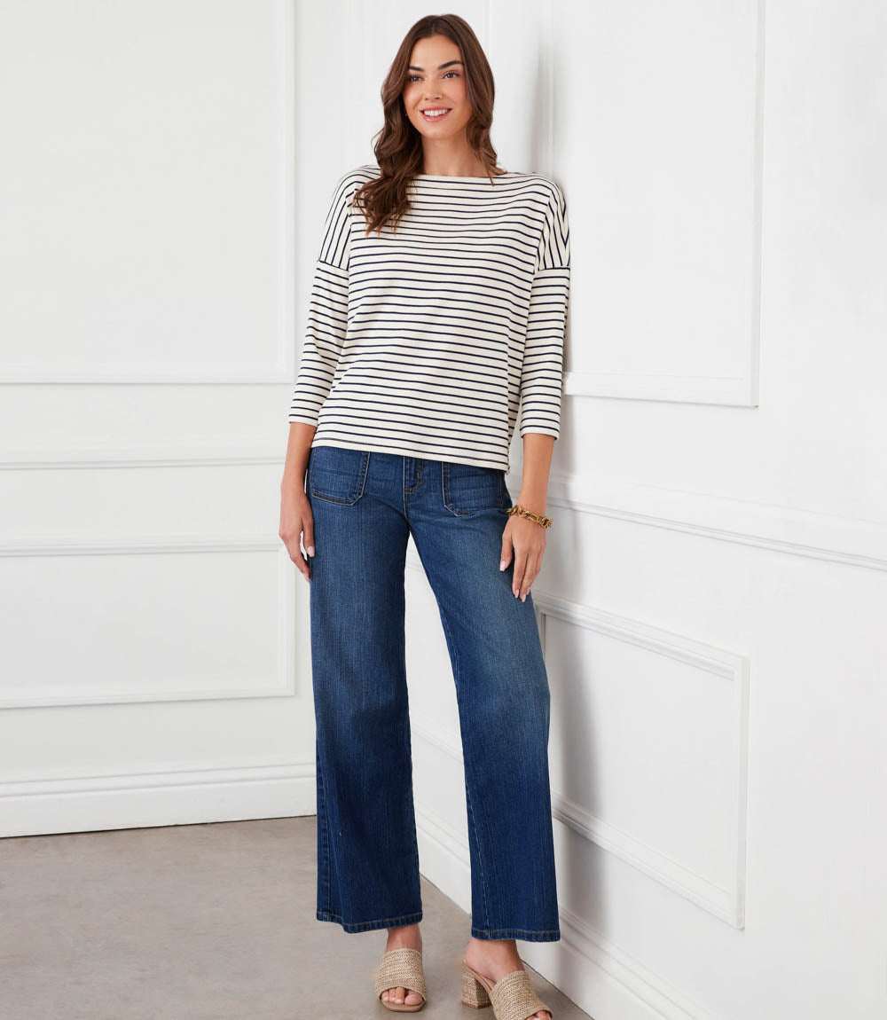 Petite Size Stripe 3/4 Sleeve Boatneck Top