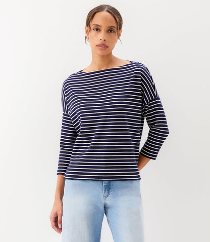 Stripe 3/4 Sleeve Boatneck Top