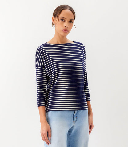 Stripe 3/4 Sleeve Boatneck Top