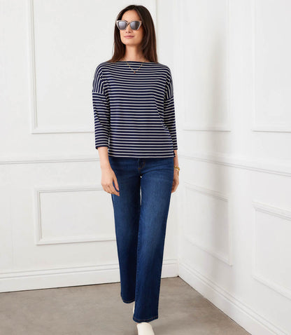Petite Size Stripe 3/4 Sleeve Boatneck Top