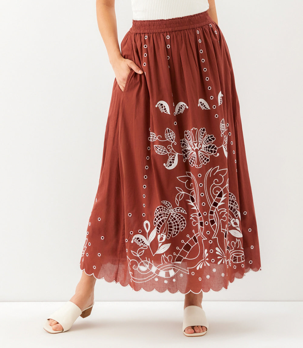 Petite Size Cut-Out Embroidery Midi Skirt