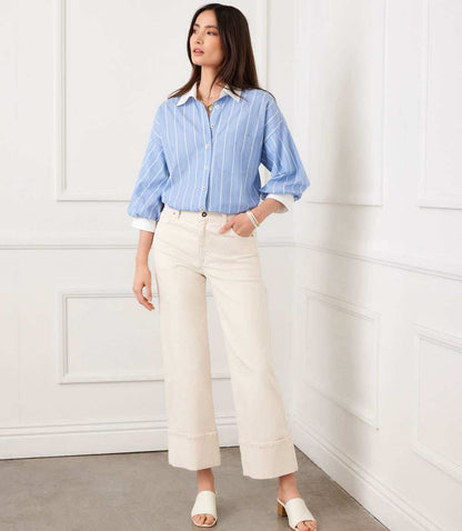 Stripe Lantern Sleeve Button-Up Shirt