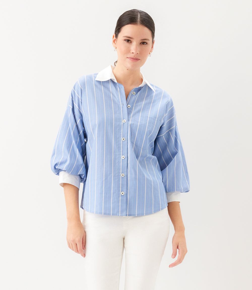 Stripe Lantern Sleeve Button-Up Shirt