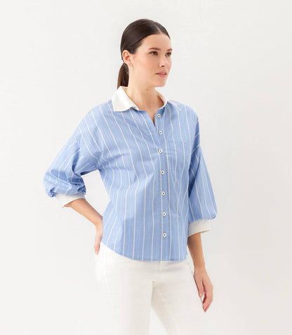 Stripe Lantern Sleeve Button-Up Shirt