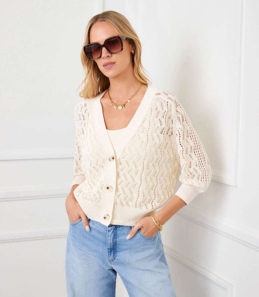 Petite Size Puff Sleeve Crochet Cardigan Sweater