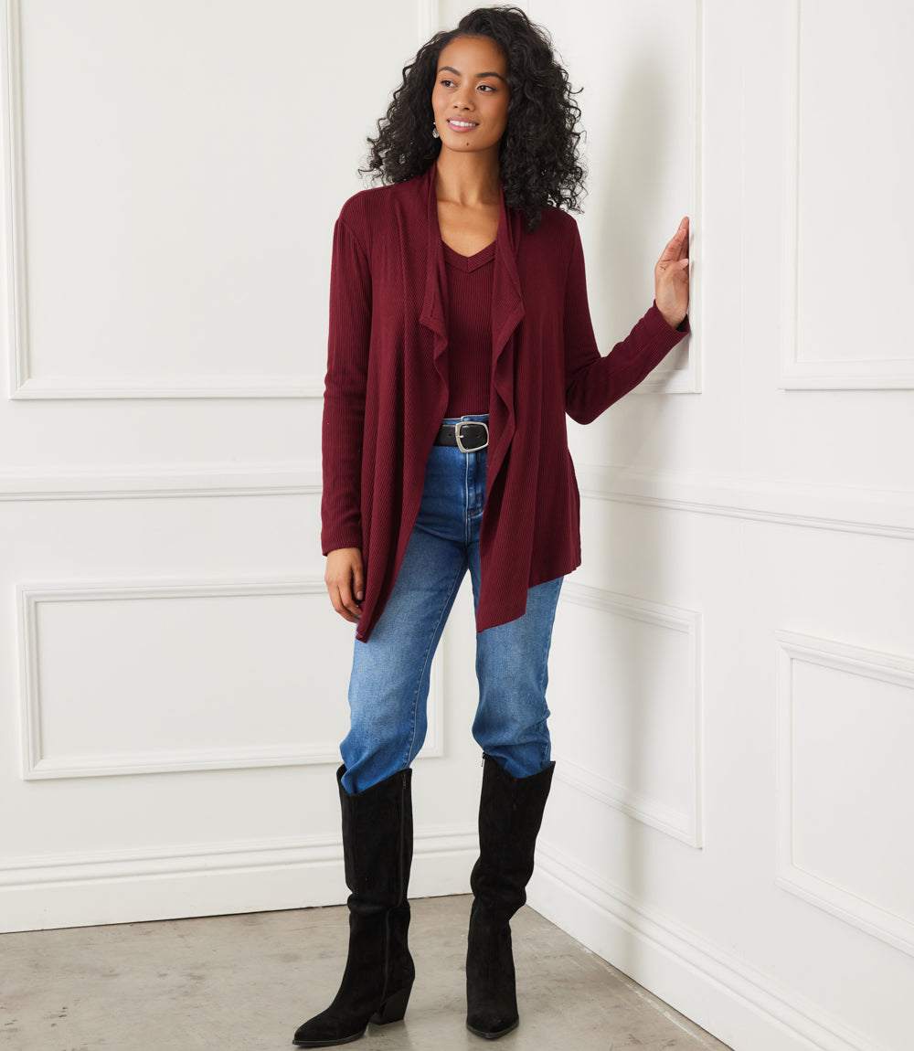 Petite Size Long Sleeve Ribbed Drape Front Cardigan