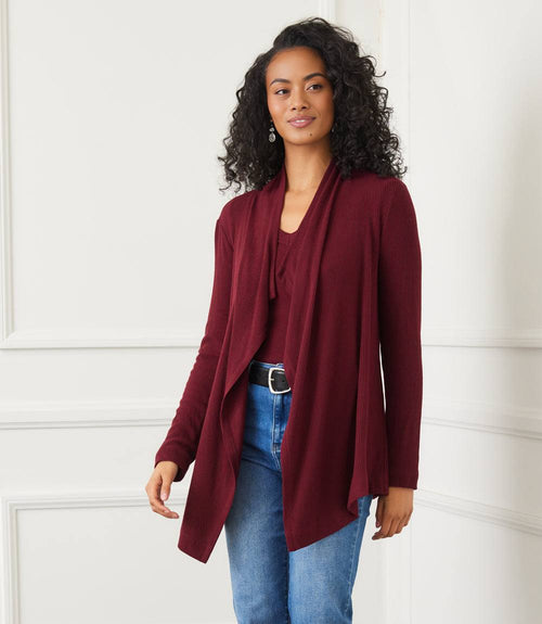 Petite Size Long Sleeve Ribbed Drape Front Cardigan