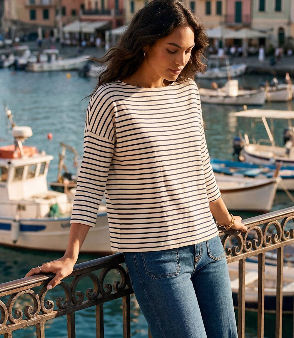 Stripe 3/4 Sleeve Boatneck Top