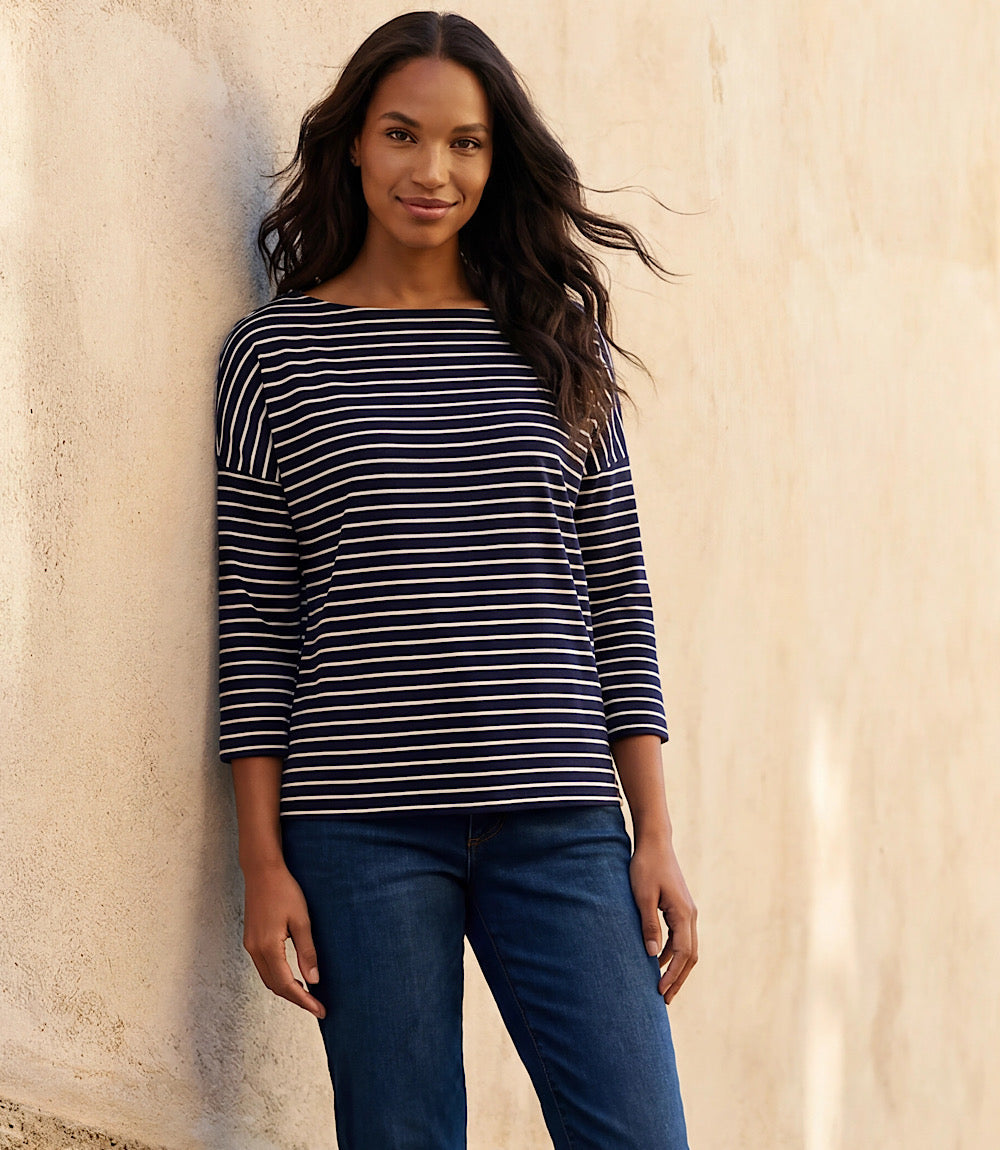 Petite Size Stripe 3/4 Sleeve Boatneck Top