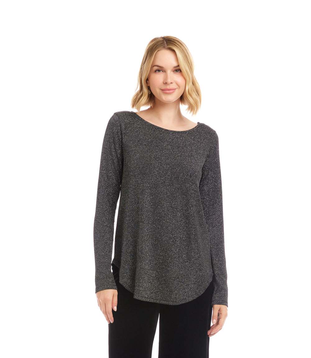Petite Size Long Sleeve Metallic Stripe Shirttail Top