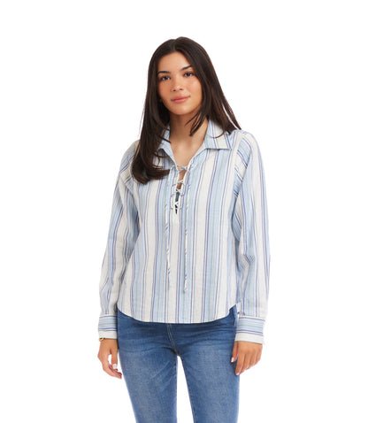 Petite Size Long Sleeve Eyelet Lace Up Top