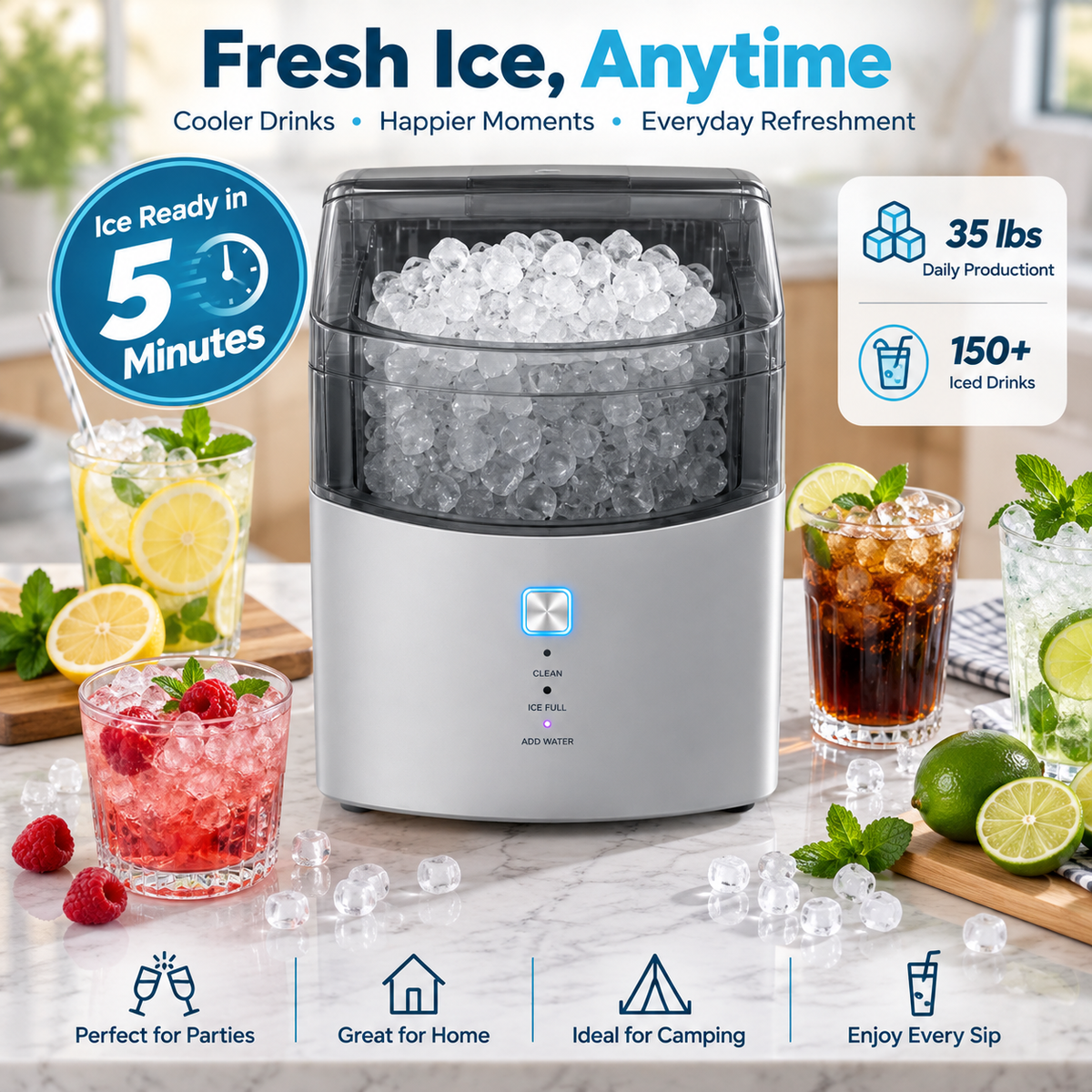 Pearl L1 Max Countertop Nugget Ice Maker – Fast, Chewable Ice in Minutes