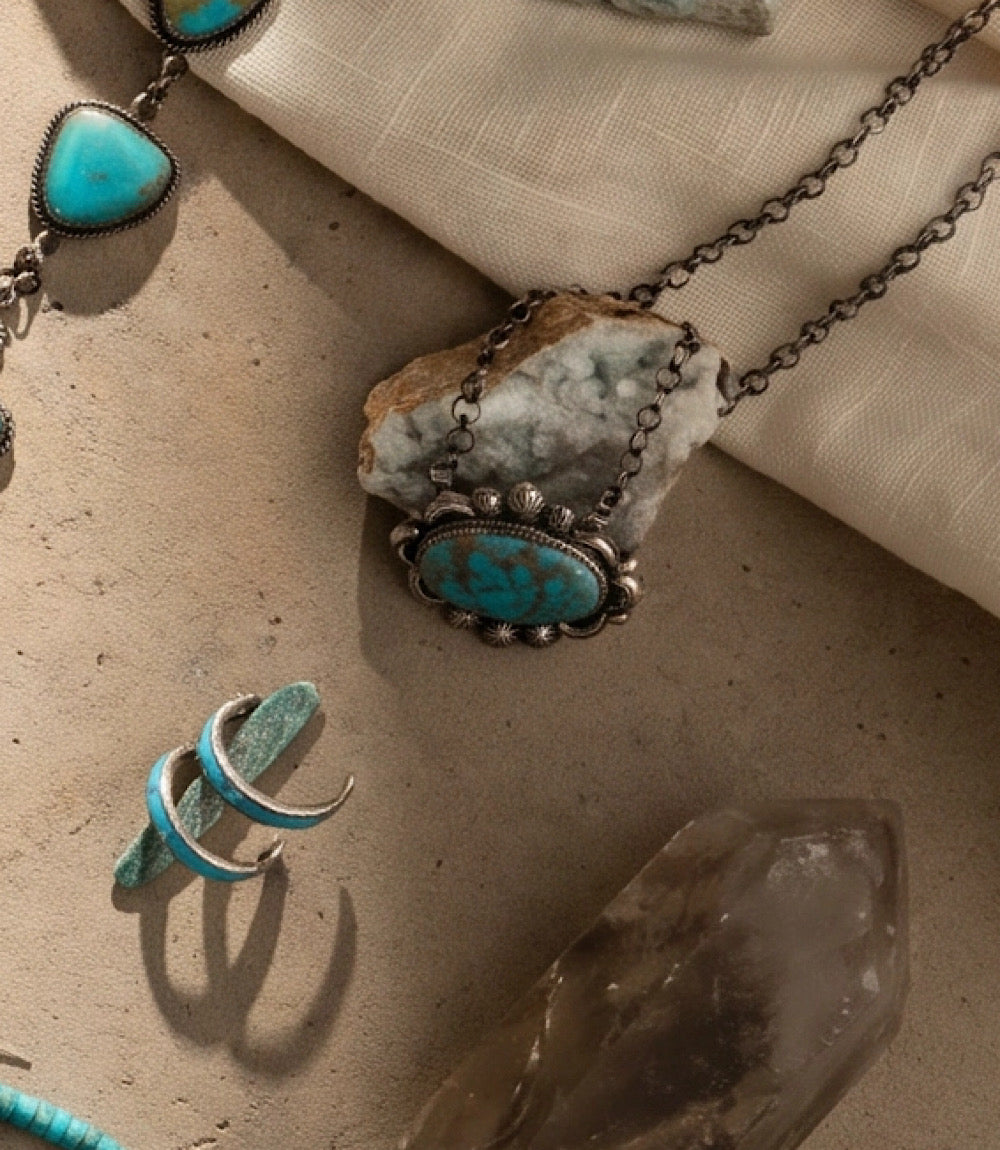Embellished Oval Pendant Turquoise Necklace